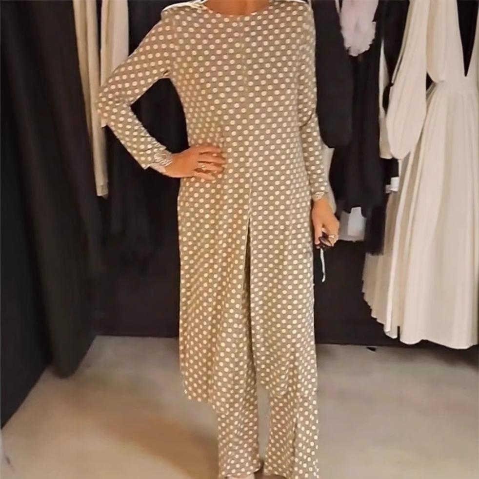 New Trendy Round-neck Long-sleeved Split Polka Dot Long Pants Casual Suit for Women