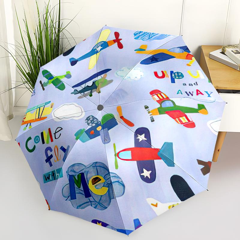 1pc Airplane Theme Pattern Umbrella Portable Folding Umbrella Iron Frame Hole Bone Structure Outdoor Home Umbrella