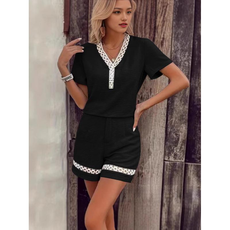 Frühling/Sommer Damen V-Ausschnitt Patchwork Kurzarm Unifarbene Bluse + Shorts Set Für Damen