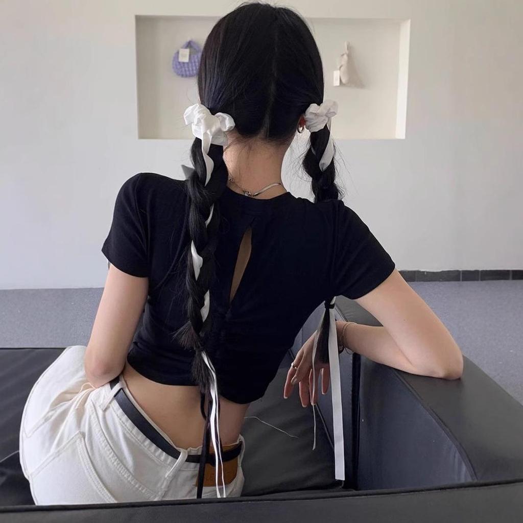 Women's Short-Sleeve High-Waisted Summer T-Shirt with Hollow Back Design