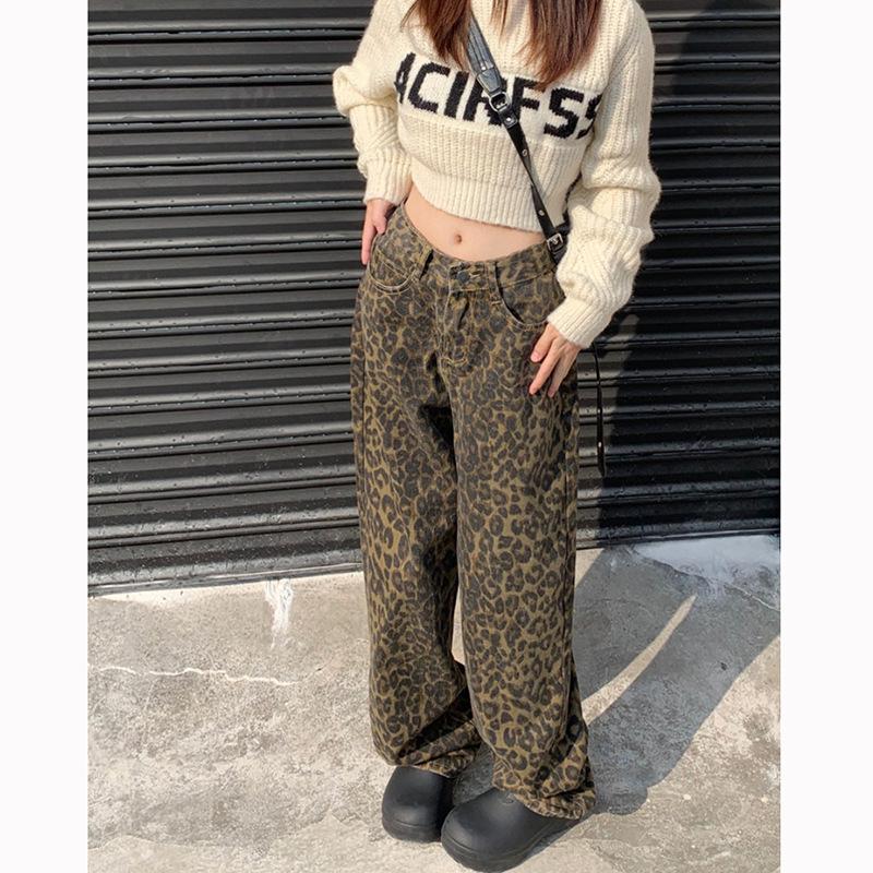 Women's High-Waist Leopard Print Wide-Leg Jeans - Slimming, Loose-Fit, Spring/Autumn Trend
