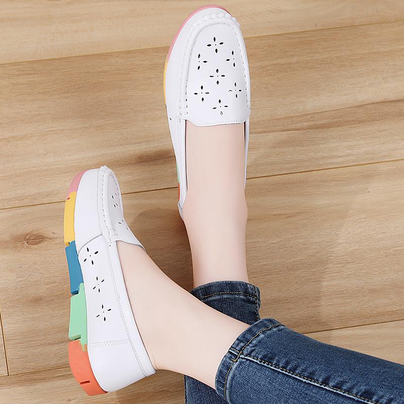 Women’s Moccasins Summer Loafers White Leather Driving Flats Casual Slip on Soft Nurse Shoes Black Walking Shoes