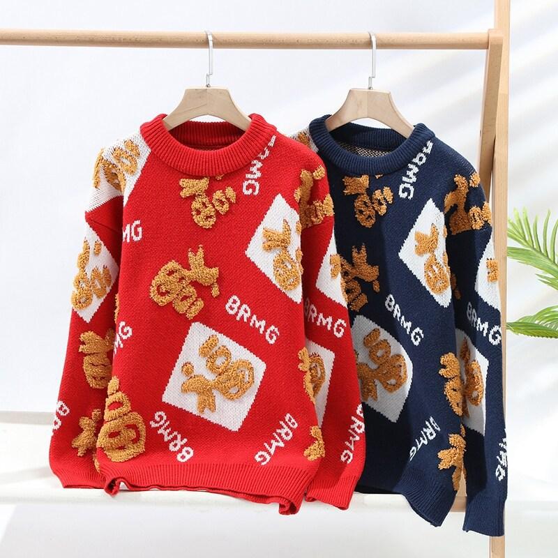 Hot Selling Explosive Autumn and Winter New Casual Crew Neck Loose Sweater Chinese Red Fuzi Knitted Sweater for Men