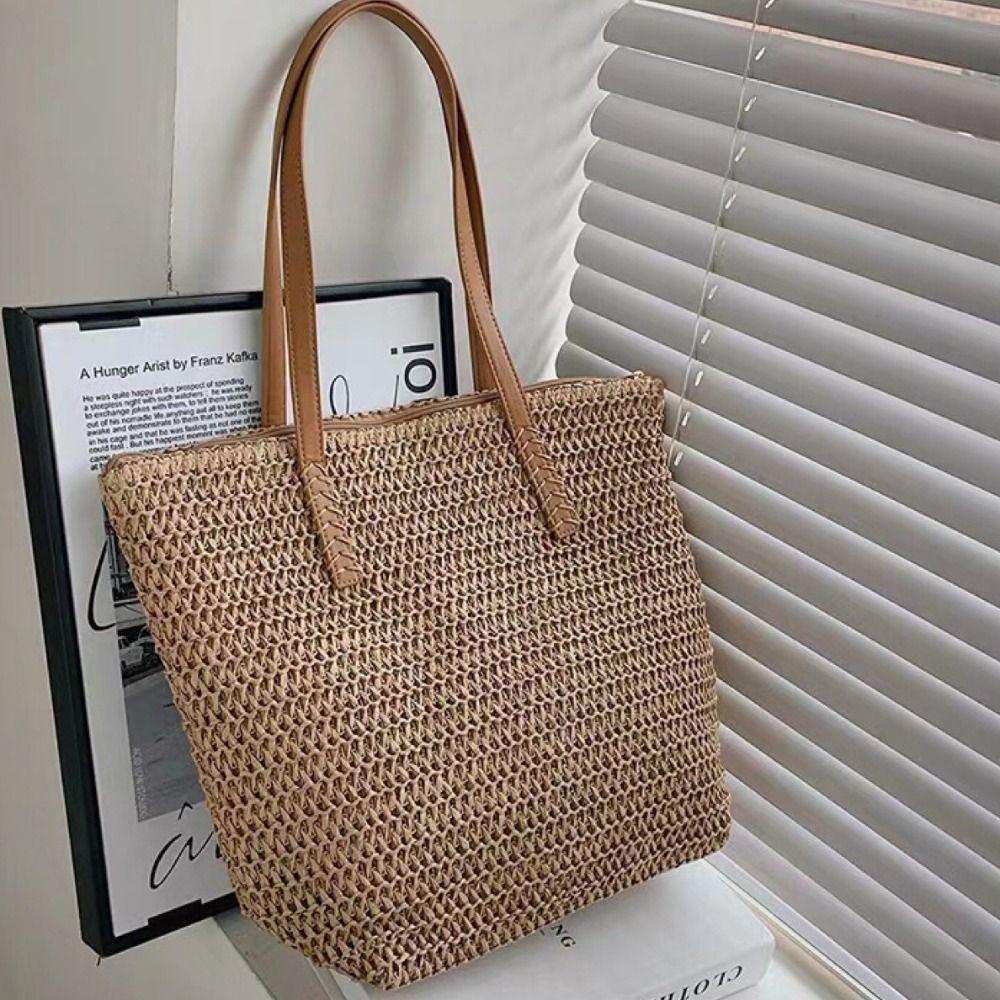 Bohemian Style Zipper Beach Bag Solid Color Hollow Tote Bag Trendy Weave Straw Bag  Spring