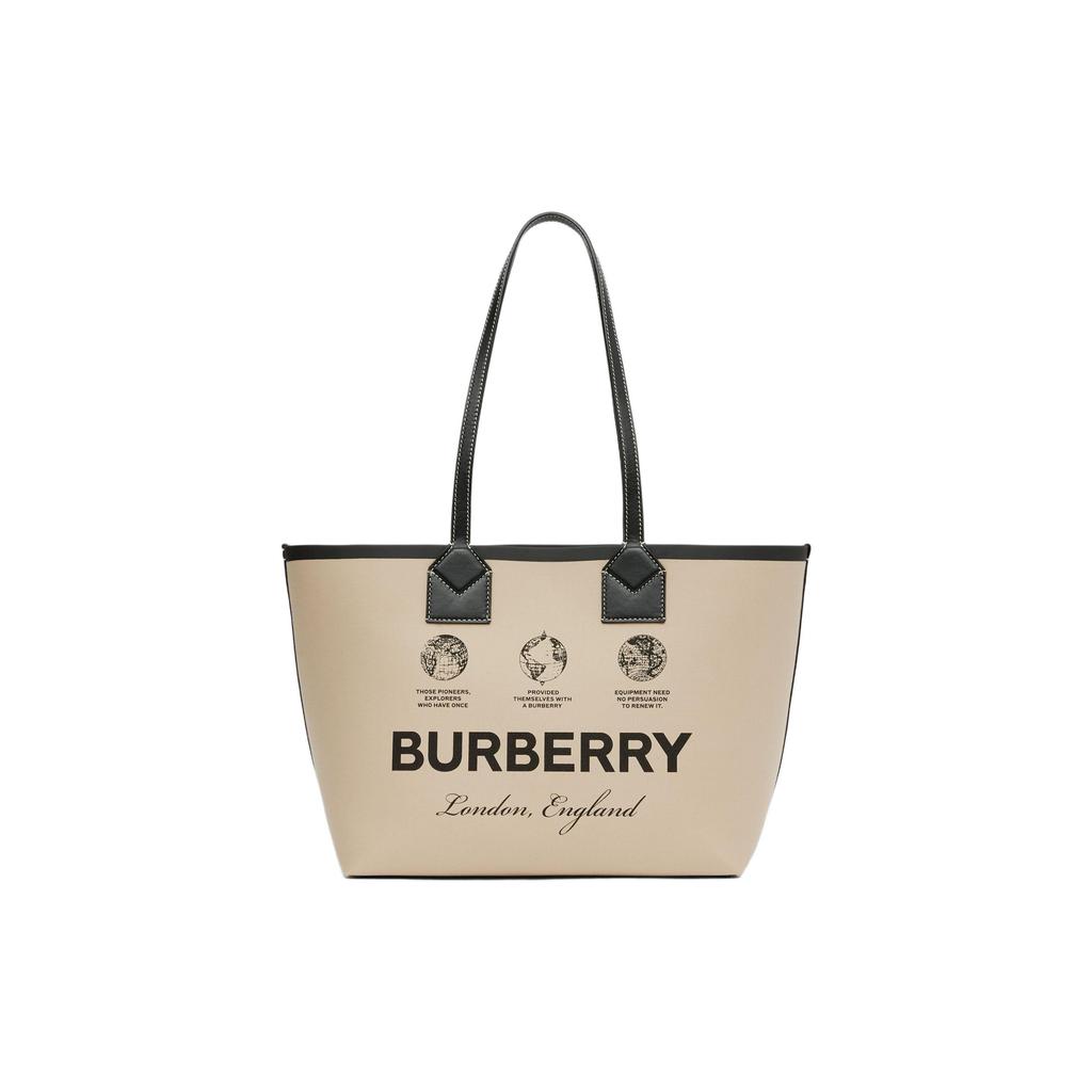 Burberry Světlý Dekorační Potisk Štítku Otevřený Design Bavlněná a Telecí Kůže Taška Tote Nákupní Taška Taška přes Rameno Ruční Taška Malé Dámské Tašky Tote Khaki 80631201