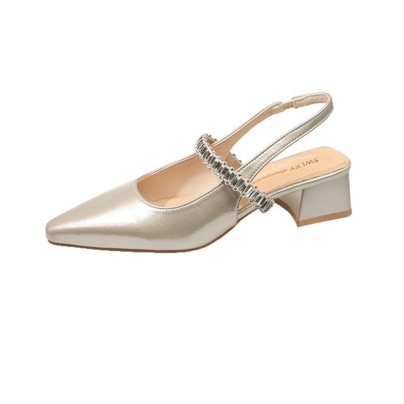 One word with rhinestone sandals women's summer new bag head half drag thick heel shoes pointed single shoes women's outer wear