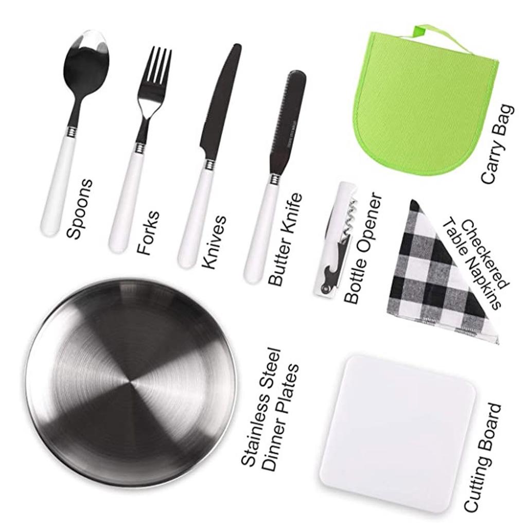 Camping Silverware Kit Stainless Steel Plate Spoon Wine Opener Fork Napkin Outdoor Picnic Kitchen BBQ Travel Utensil Picnic Set