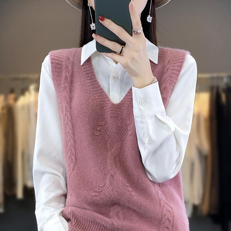 Solid V Neck Cable Knit Vest, Casual Sleeveless Sweater For Spring & Fall, Women's Clothing