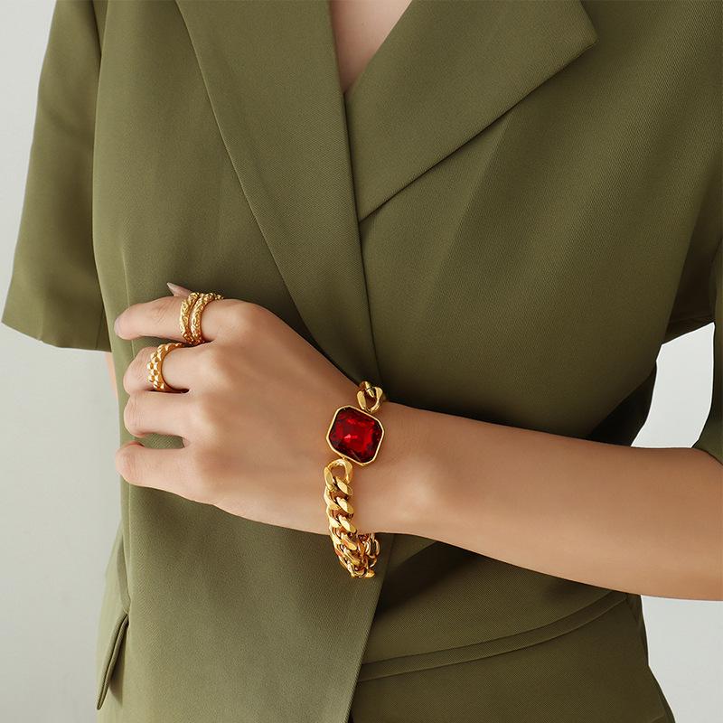 Retro Exaggerated Personality Crystal Stone Necklace Titanium Steel Chain Thick Chain Bracelet Women'S Chain Temperament