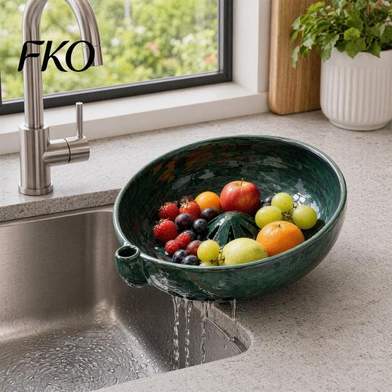Ceramic Fruit Bowl Self Rinsing Wash Bowl, with Hollow Drain Holes, Swirl-Flow Berry Non-slip Countertop Washing Rinse for Kitchen Counter