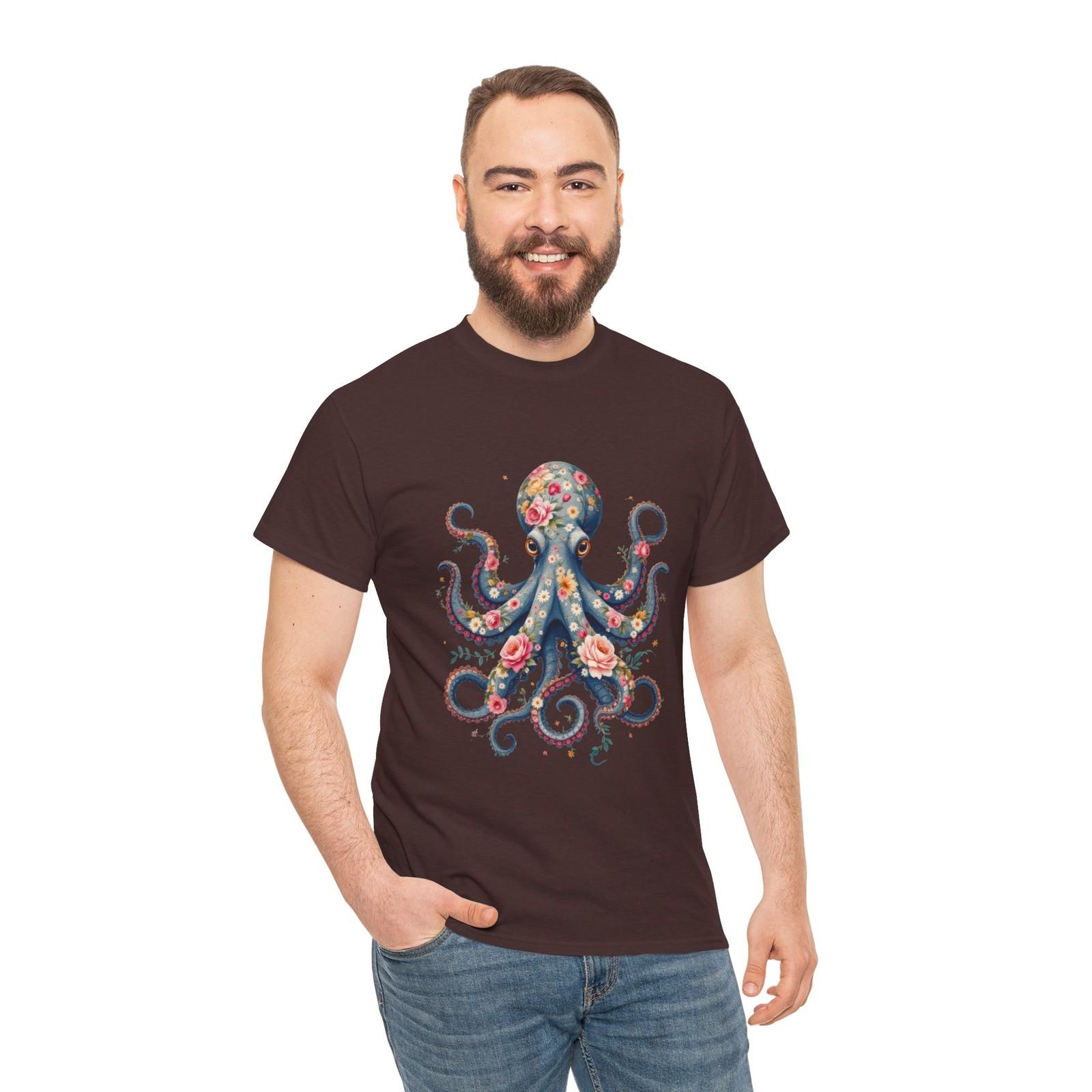 Floral Octopus Tee Unisex Heavy Cotton T-Shirt, Ocean Lover Gift, Underwater Tee M