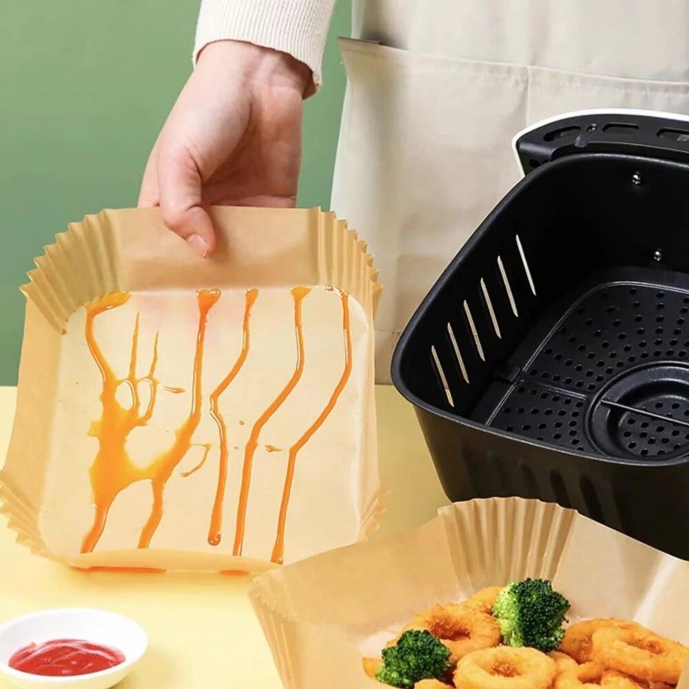 Revêtement en papier sulfurisé jetable pour friteuse à air, carré, rond, résistant à l'huile, tapis de cuisson antiadhésif, accessoires pour friteuse à air