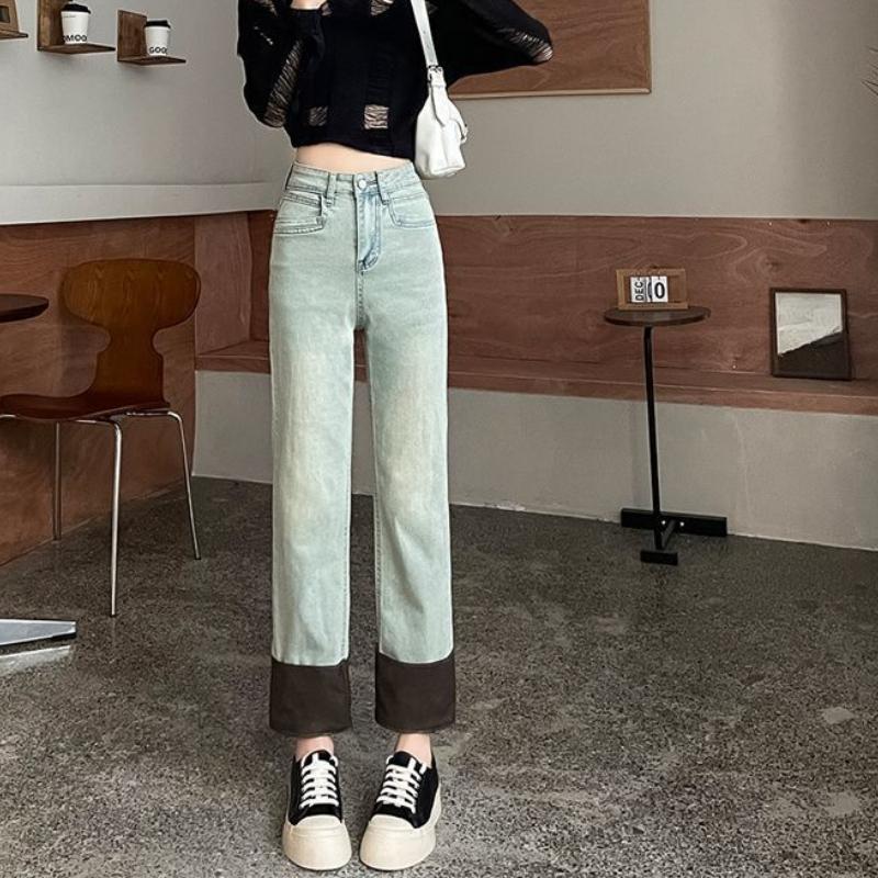 

Ретро Джинсы-трубы Девять точек для женщин Весна и Осень С высокой талией Новые Маленькие Прямые Подвернутые Слим Брюки XXL