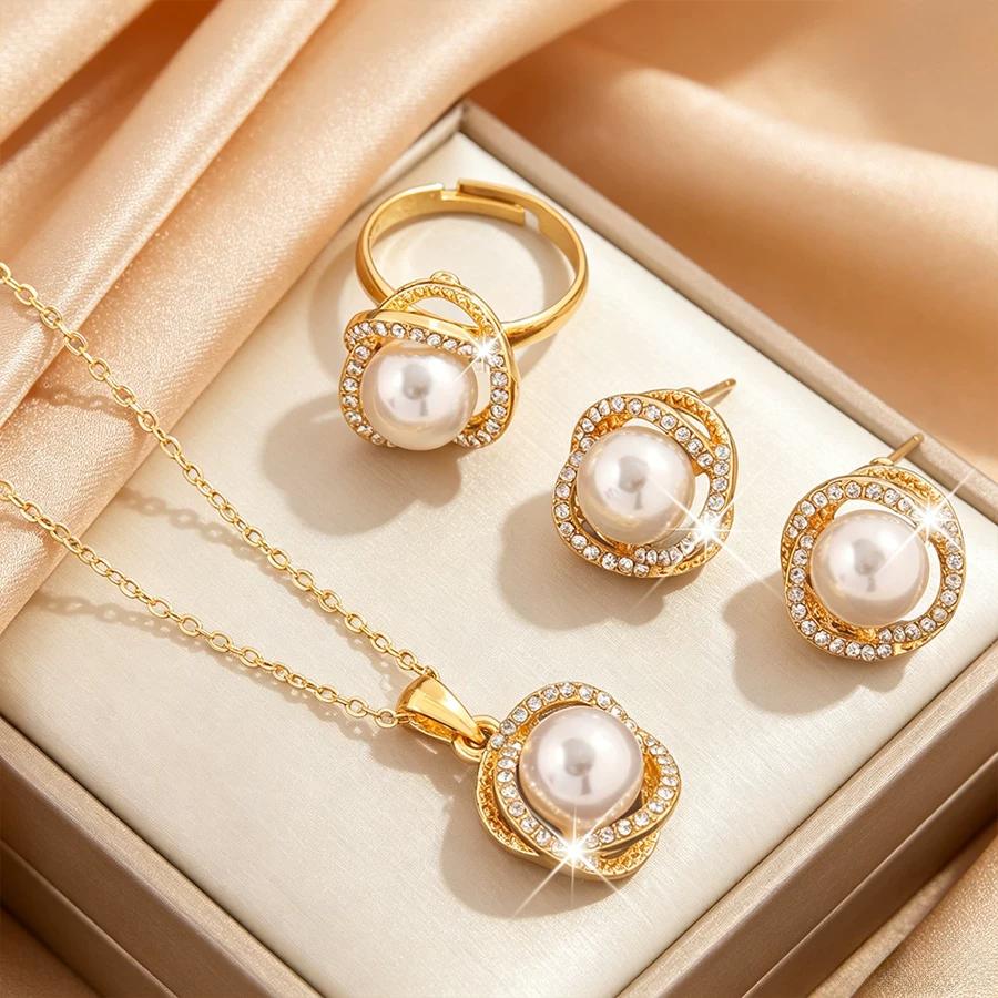 Winding Three-piece Light Luxury Pearl Rhinestone Set High-end Temperament Necklace Ring Earrings Fashion Versatile Jewelry