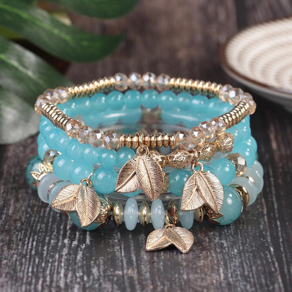 Bohemian Retro Beaded Bracelet with Leaf Pendant and Crystal Accents