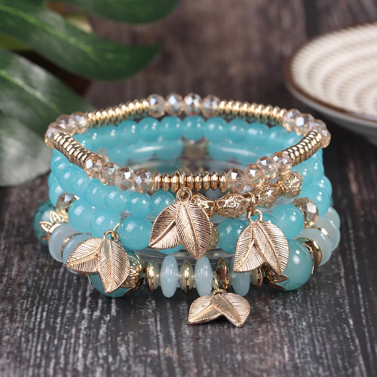 Bohemian Retro Beaded Bracelet with Leaf Pendant and Crystal Accents