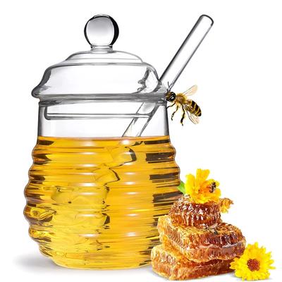 Honigglas, Honigtopf aus Glas, Sirupspender mit Schöpflöffel und Deckel, Bienenstock-Honigbehälter für Zuhause, Küchenzubehör, 250 ml