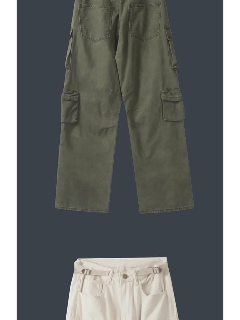 2024 Ami Khaki Retro Casual Unisex Overalls - Trendy Wide-Leg, Straight Pants with Multiple Pockets