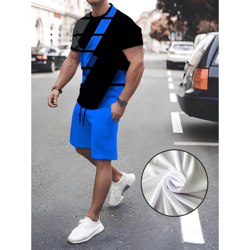 Men s Summer Casual 3D Pattern Fluorescent Short Sleeve Sportswear Set S