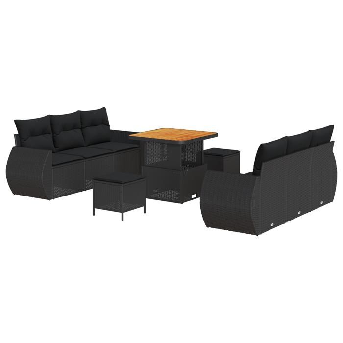 VidaXL Ensemble de Sofa de Jardin 9 Pièces avec Coussins Noir Rattan Poly Acacia 3361824