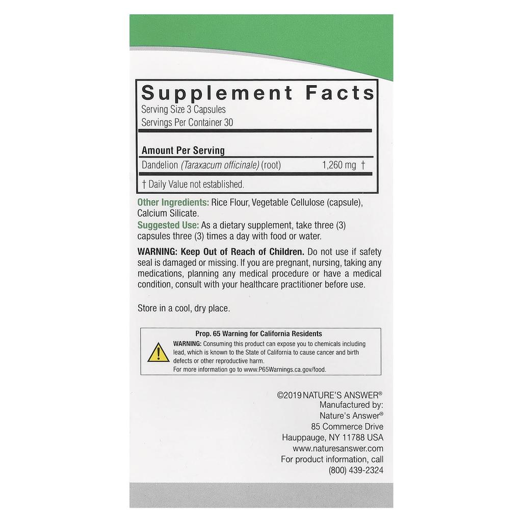 Nature's Answer Dandelion, 1,260Mg, 90 Veggie Caps (420Mg Per Capsule)