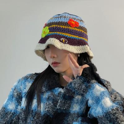 Korean Ins Retro Flower Crochet Bucket Hat For Women Handmade Knitted Hollow Basin Hat Ladies Spring Summer Sunscreen Sun Hat