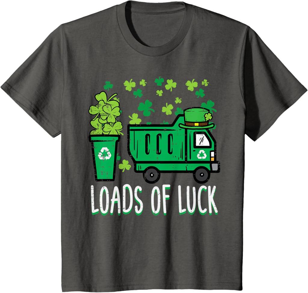 Garbage Truck Loads Of Luck St Patricks Day Graphic Tee Recycle Theme Short Sleeve T-Shirt