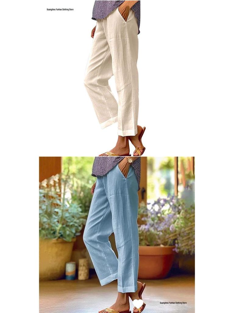 2026 Women's Loose Cotton Linen Elastic Waist Casual Pants with Pockets