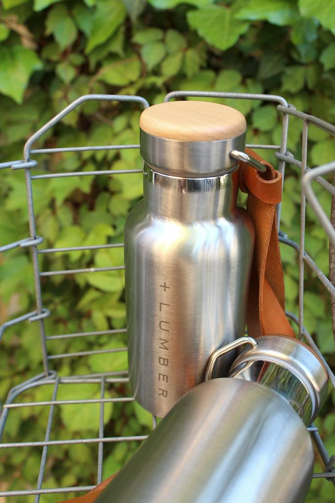 +LUMBER by Hacoa THERMO BOTTLE: A stylish thermos bottle combining a stainless steel water bottle with fine wood (with leather strap) (Walnut 350)