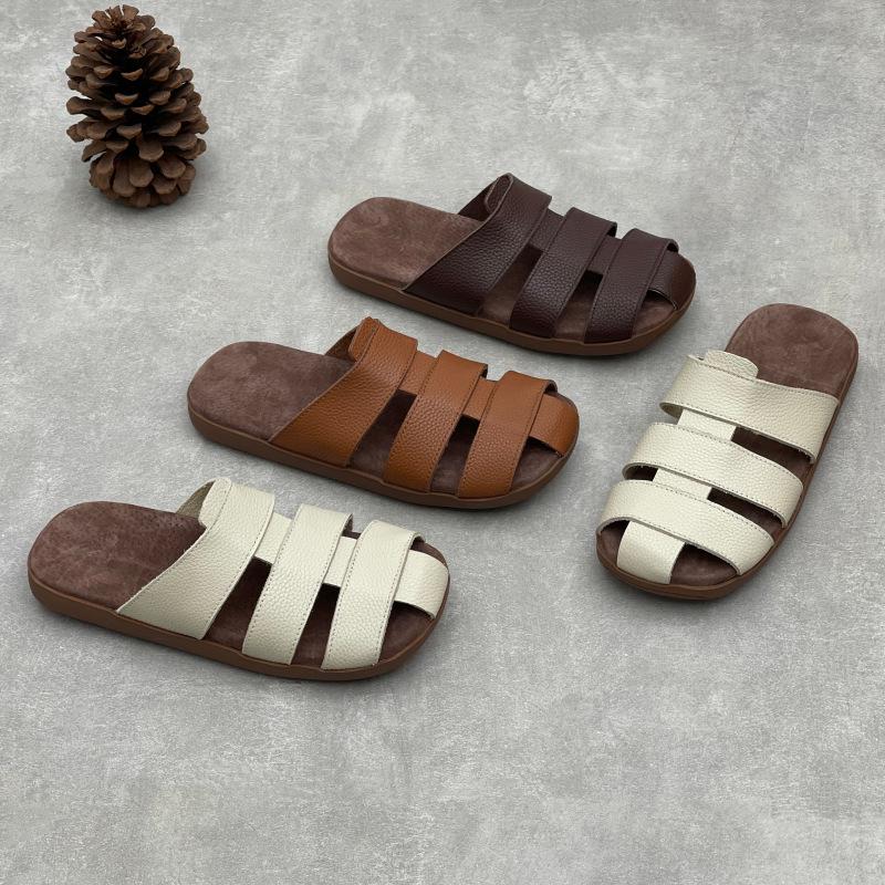 Johnature Genuine Leather Flat Slippers Weaving Hollow-out Breathable Casual Women's Slip-on Shoes