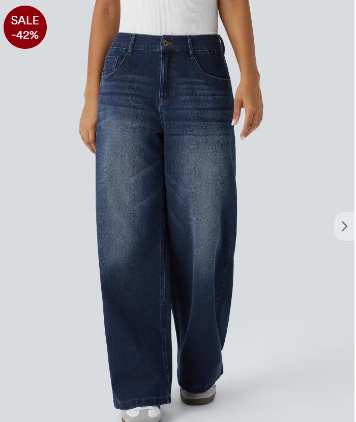 Retro gewaschene Mehrprozess-Jeans für Damen mit weitem Bein - Lockerer Schnitt