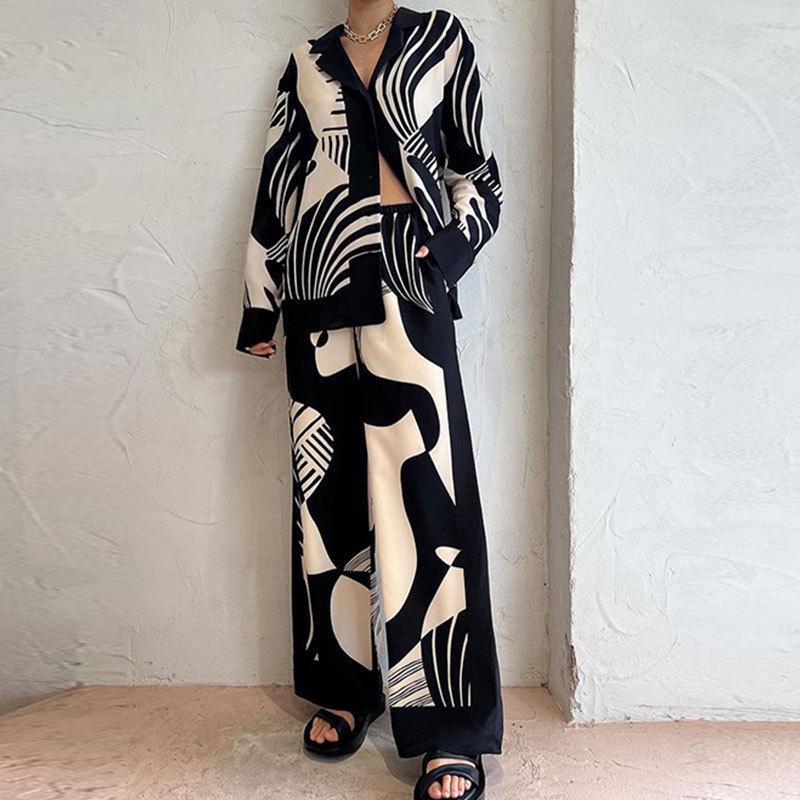 European & American Women's Graffiti Lapel Shirt and Long Sleeve Fashion Two-Piece Set