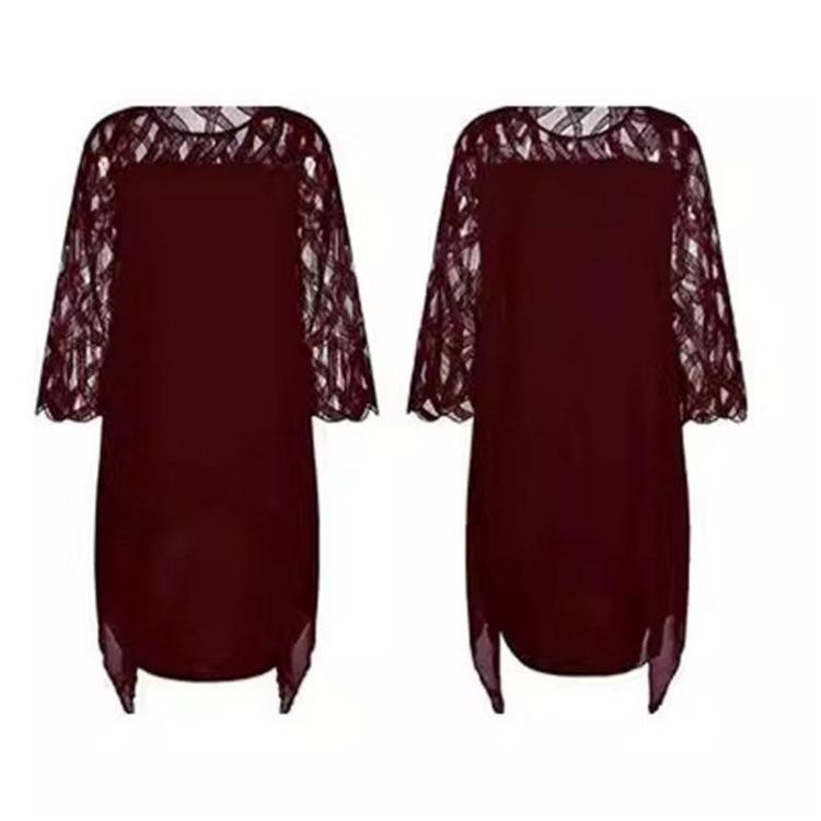 Casual Lace Stitching Chiffon Long Skirt Ladies Loose Dress European American Three Quarter Sleeves Irregular Hem