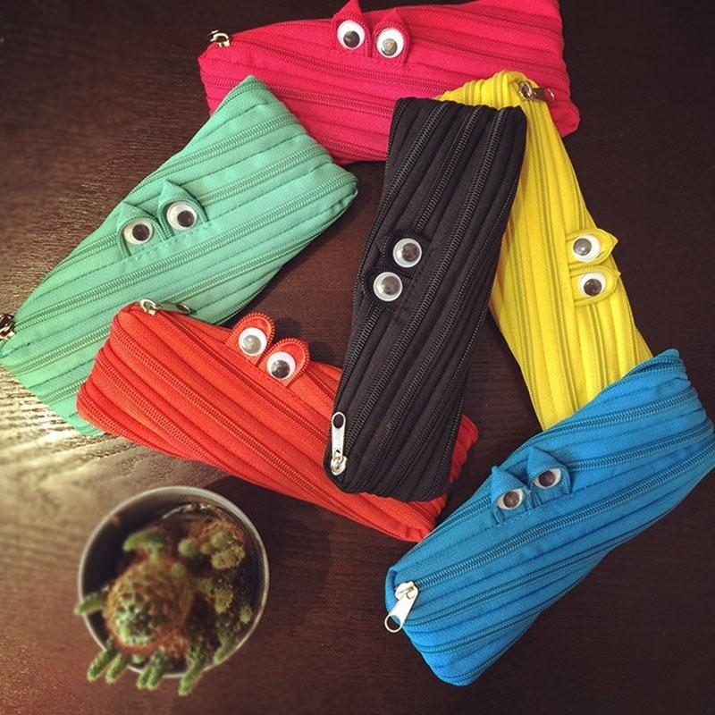 Creative Stationery Large Capacity Canvas Monster Zipper Pencil Case Women Makeup Bag Wallet
