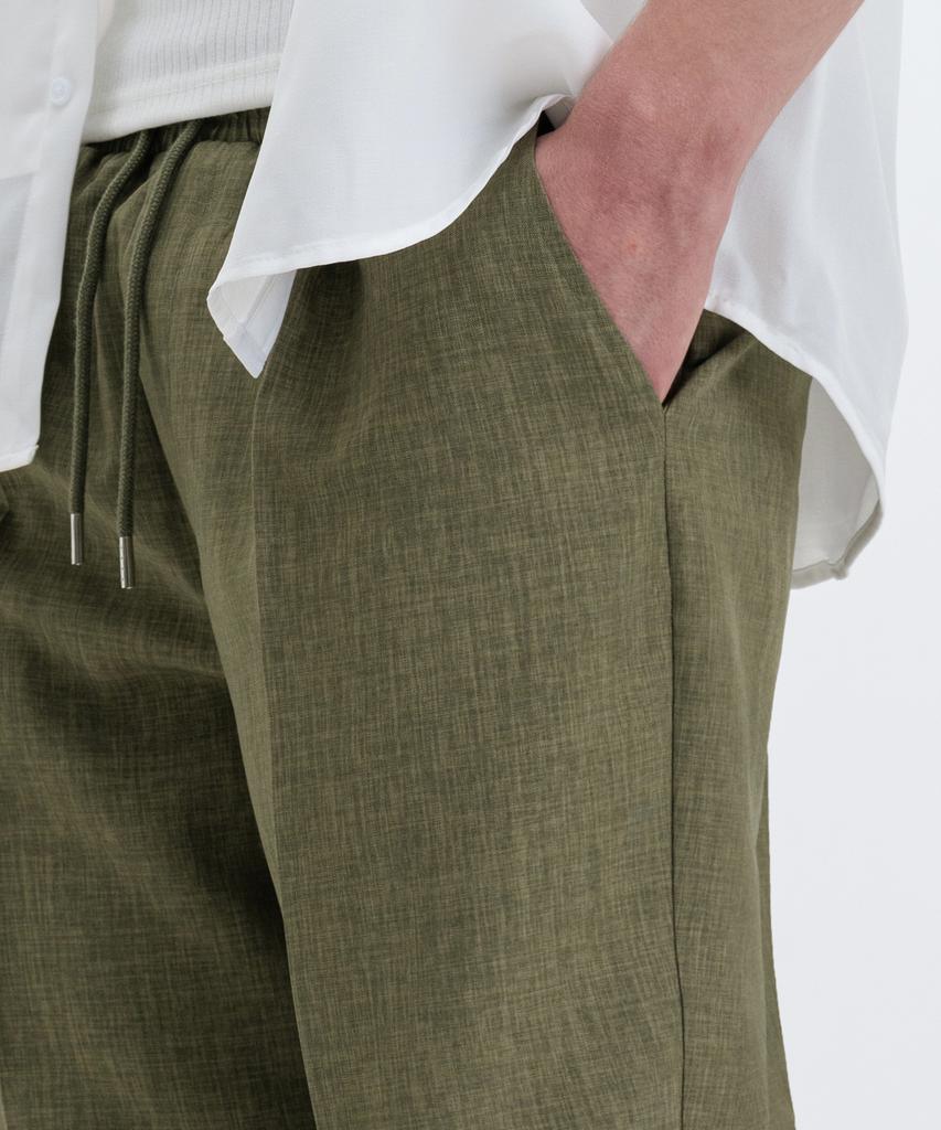 Atejeu Cool Linen-Like Single-Pleat Semi-Wide Elastic Waist Pants [Khaki]
