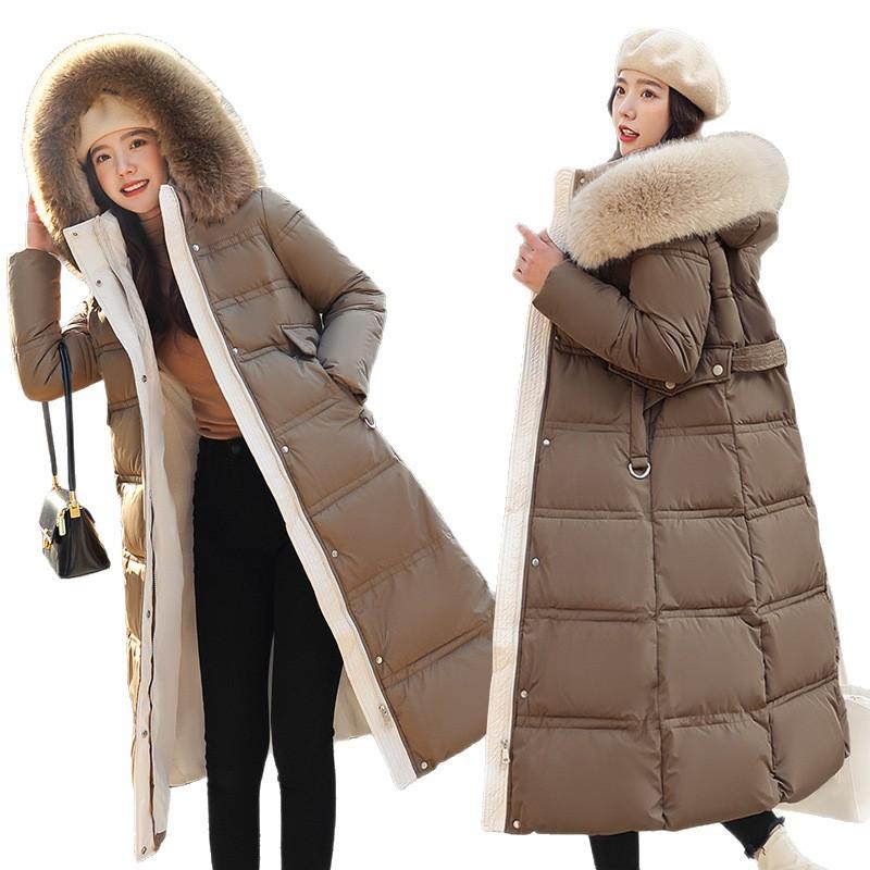 Winter New Cotton Clothes Women's Plus Long Knee Slim and Thin Belt Hooded Women's Cotton-padded Clothes