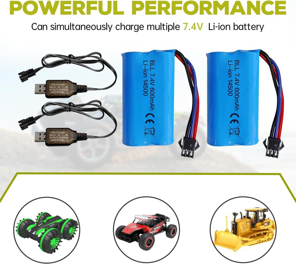 2x Li-ion Batteries 7.4V 600mAh 2S with SM-3P Connector + USB Cable – Compatible with RC Car DE82, TK3086B, TK-3082B, G20601, Stunt Flip Car