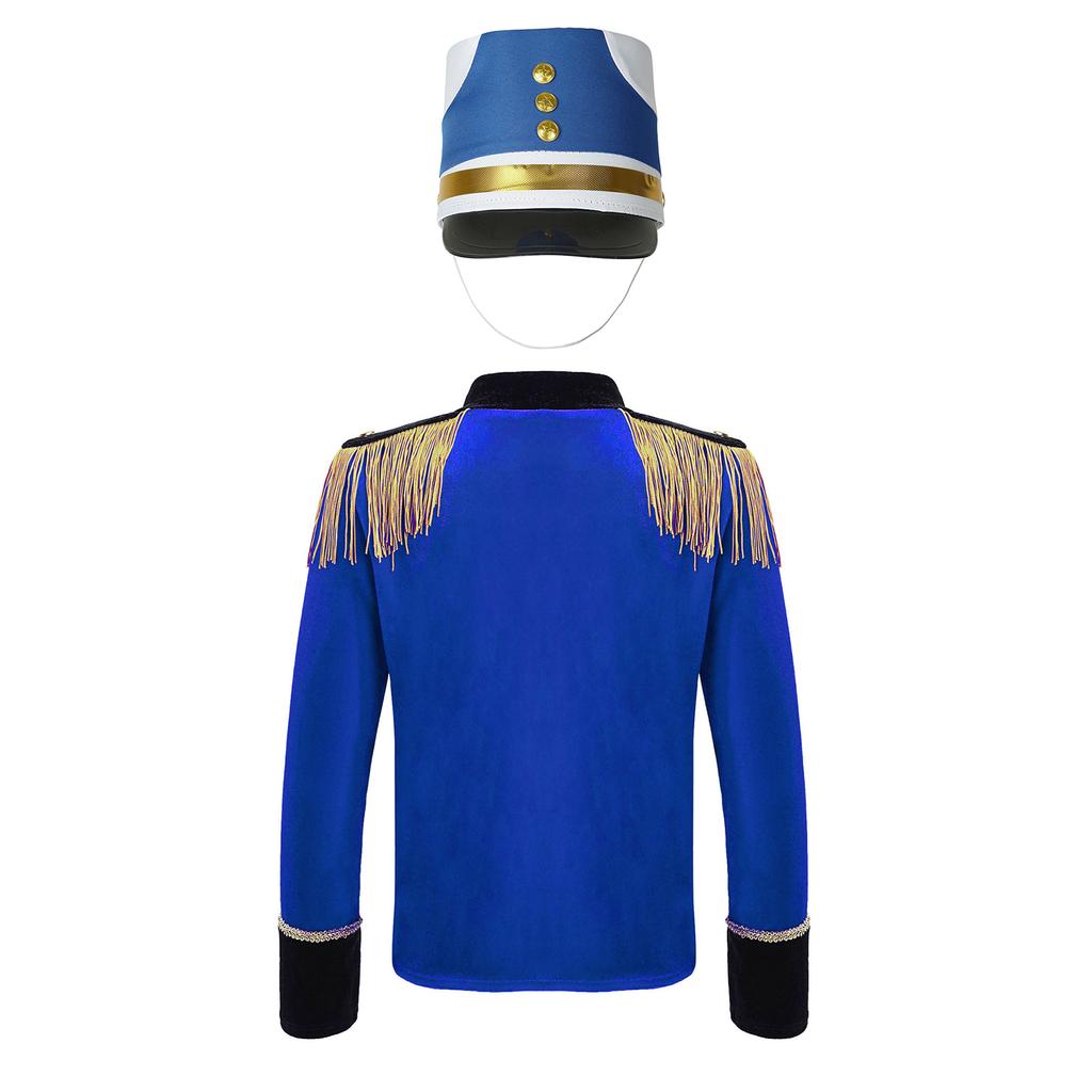 Boys Long Sleeve Tassels Shoulder Gold Braid Adorned Tops Hat Drum Trumpet Team Honor Guard Costume