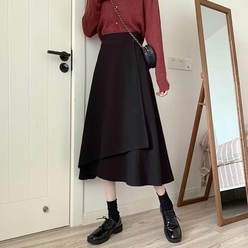 Black Irregular High-Waisted A-Line Skirt - Mid-Length Umbrella Style for Spring & Autumn 2026 S чёрный
