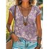 Summer Women's Casual Loose Fashion Digital Printed Multi-color V-neck Short Sleeved T-shirt