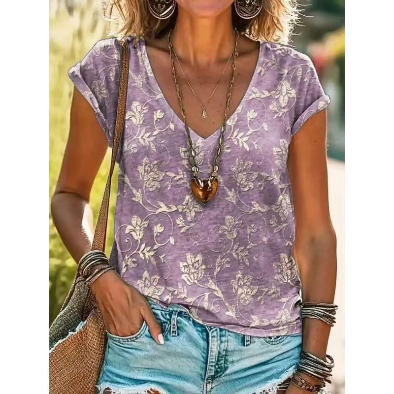Summer Women's Casual Loose Fashion Digital Printed Multi-color V-neck Short Sleeved T-shirt