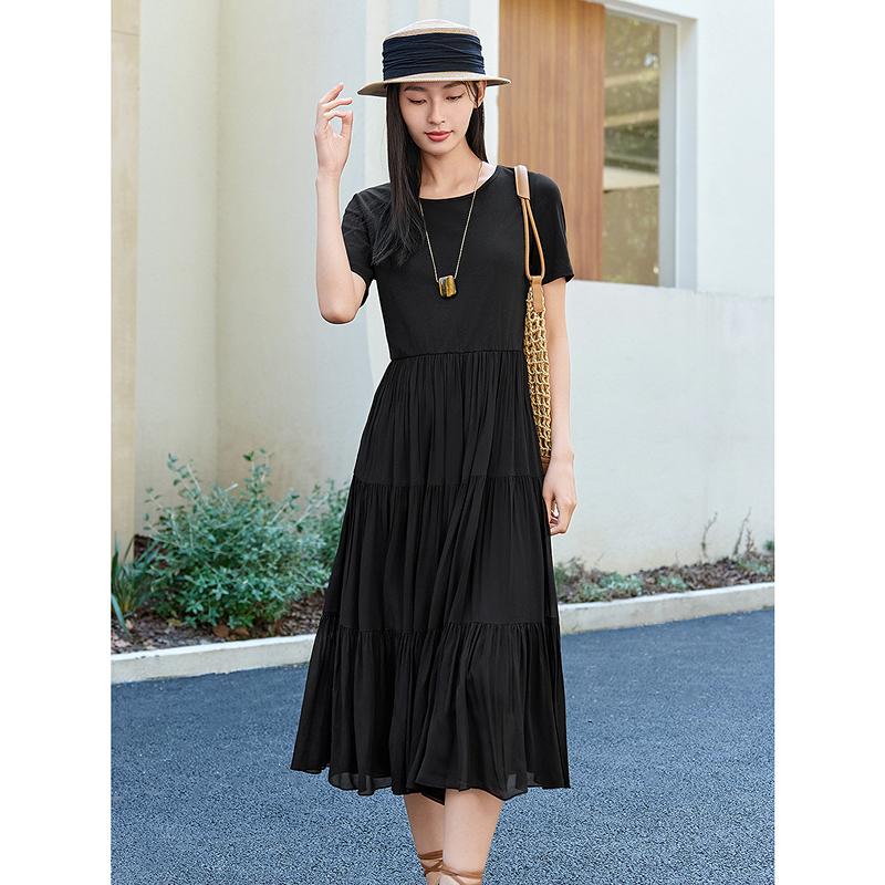 Jiuzi Anna Kou Elegant Temperament Needle Shuttle Splicing Waist Slimming Dress