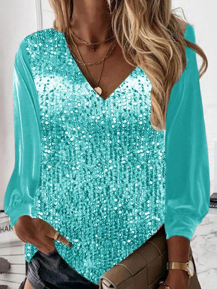 Womens Sequin Tops V Neck Sparkly Glitter Blouses Loose Long Sleeve Holiday Evening Party Shiny Dressy Shirts