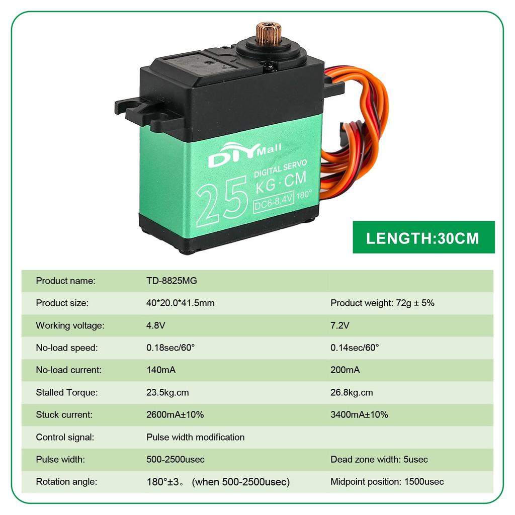 Rcmall 2pcs 25kg High Torque Helical Metal Gear RC Servo, 360° Continuous Rotation, 500-2500usec, for 1/8, 1/10, and 1/12 Scale RC Cars and Robots