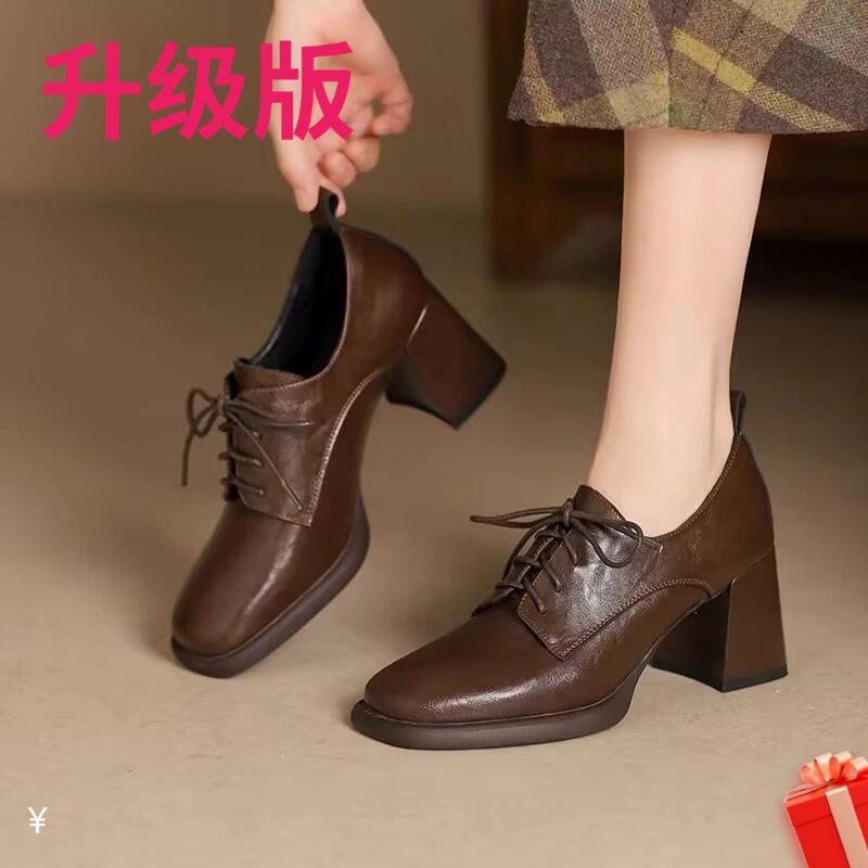 British Style Small Leather Shoes Are Not Tired of Feet Single Shoes Women's 2025 Spring New Women's Shoes Lace-up Loafers Thick Heels High Heels