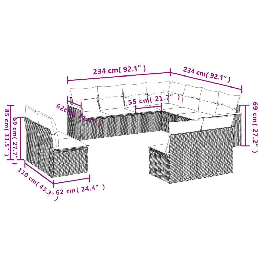 Vidaxl 11-Cz. Garden Furniture Set With Cushions, Grey Rattan Pe