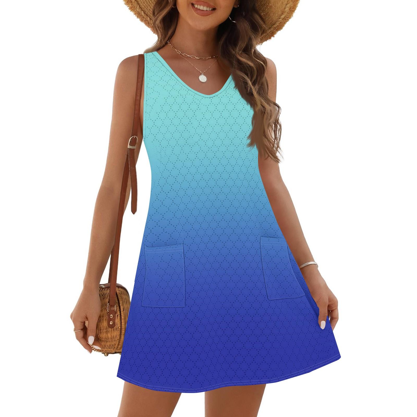 Women s Fashion Casual Summer Cuffless Pocket V-neck Gradient Print Dress Beach Sundress L