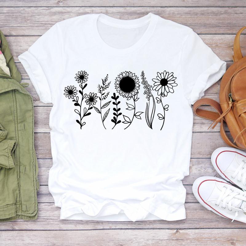 Summer Round Neck Floral Print Top Fashionable Casual Short Sleeved Women's Pure Cotton T-shirts