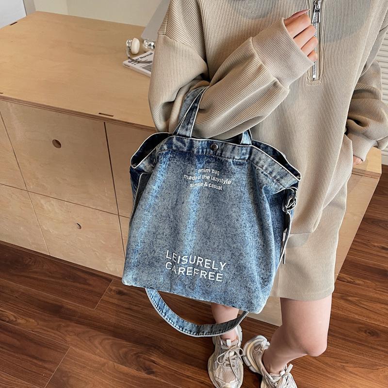 Large Capacity Retro Denim Bag Letter Print Shoulder Bag Women Crossbody Bag