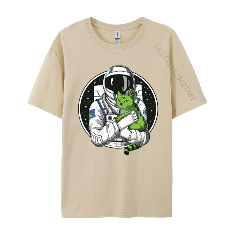 Astronaut Alien Cat Psychedelic Space Tshirt Men Cotton Tshirts Astronaut Gifts Man Tops Streetwear Newest Design